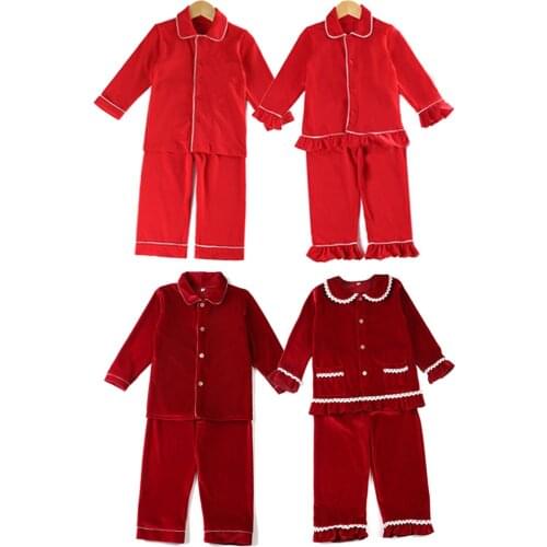 Top Popular Christmas Baby Girls Set Night Wear Velvet Sibling Match Button Up Solid Red Kids Pyjamas