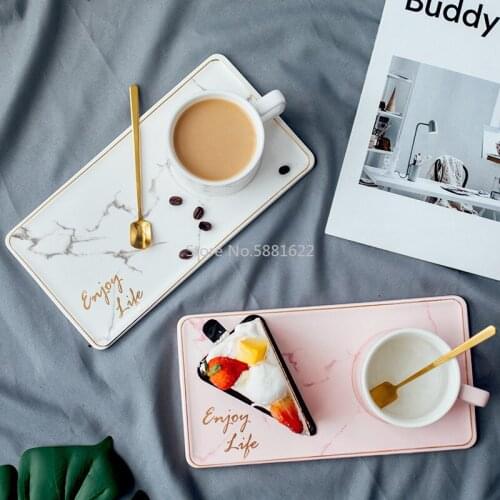 Marble Pattern Ceramic Coffee Mug with Dessert Snack Dish Set Phnom Penh Office Milk Tea Cup Tumbler Creative European Mugs Gift
