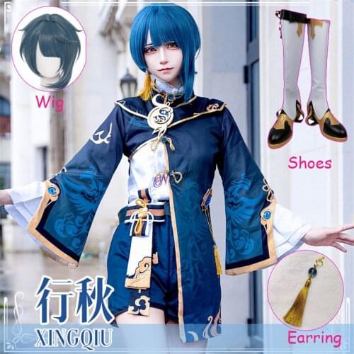 Anime Game Genshin Impact XingQiu Cosplay Costume Xing Qiu Outfit Shoes Earrings Wig Cosplay Halloween Costume Women