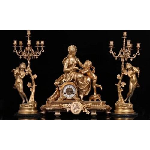 47 cm Europe Retro Bronze Marble Steam Train Model Mechanical Swing Table Clock