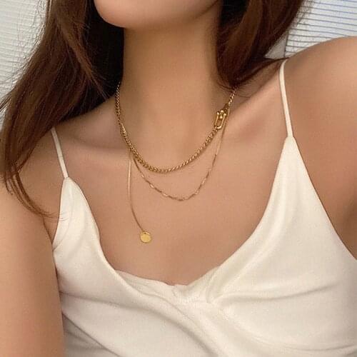 Minimalist Chunky Link Chain Necklaces for Women Korean Gold Color Metal Double Layed Geometric Coin Pendant Chokers Necklace