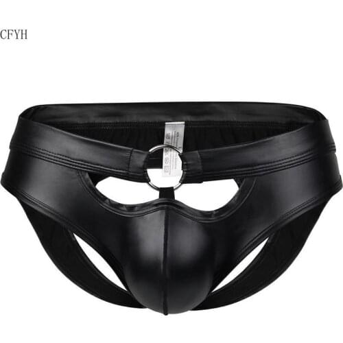 Men Underwear Faux Leather Mens Briefs Bikini G-string Thong Sexy Erotic Lingerie Penis Pouch Ring Thongs G String Homme T-back