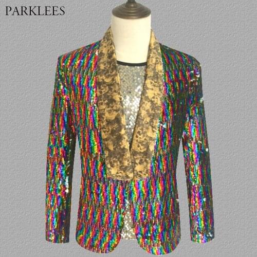 Colorful Laser Flipping Sequin Blazer Men Slim Fit Party Dance Mens Suit Jacket Nightclub Performance Singer Hosts Drama Costume