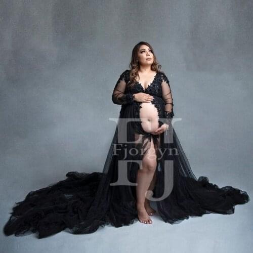 Delicate Black Lace and Tulle Maternity Gown for Photoshoot or Babyshower Customize Long Sleeve Open Front Slit Woman Robes 2021