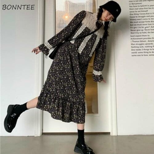 Dresses Women Loose Lace Patchwork Casual Stylish Daily Student Sweet Korean Style Retro All-match Feminino Vestidos Popular New