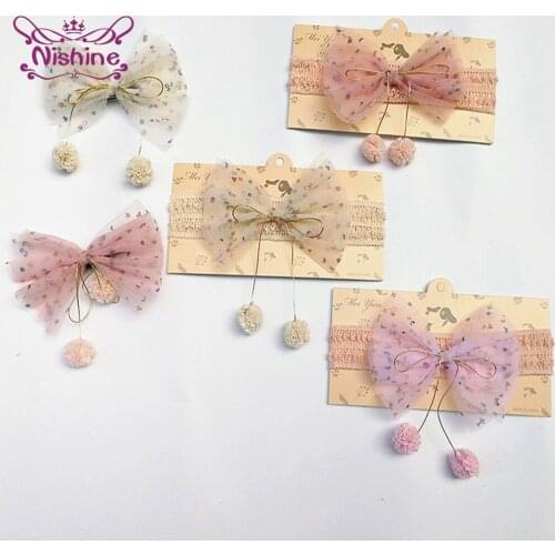 Nishine Colorful Wave Point Net Yarn Bowknot Infant Hairband with Fluffy Ball Fashion Princess Elastic Headband Baby Headwear