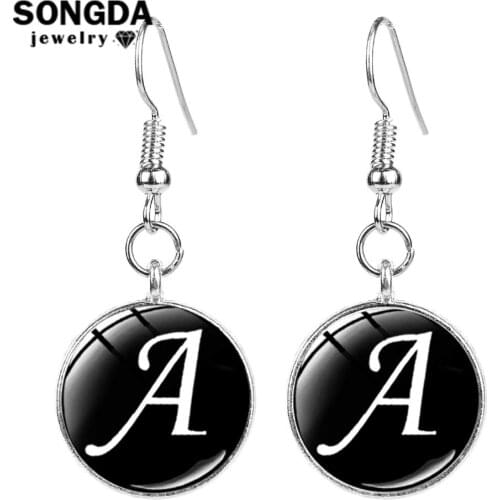 SONGDA Simple A-Z 26 Alphabet English Letter Dangle Earrings Initial Name Alphabet Design Glass Art Round Hanging Earrings Women
