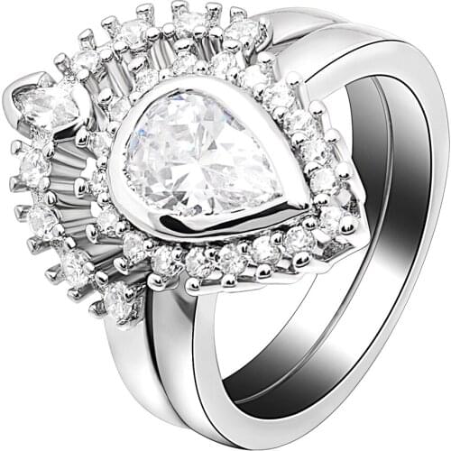 Ufooro Luxury White Zircon Water Shape Ring Sets Silver Gold Filled Amazing CZ Wedding Bands Finger Ring For Women Accessories