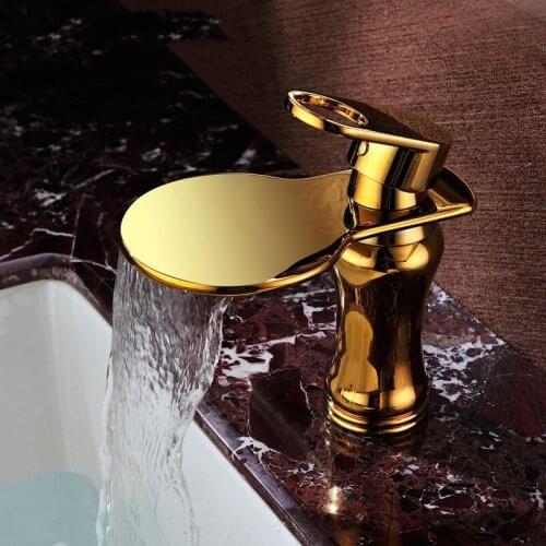 Luxury gold solid brass bathroom sink faucet Waterfall basin Cold and hot water mixing faucet High quality copper construction