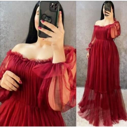 Elegant A-Line Long Sleeve Boat Neck Prom Dresses Tulle Zipper Back Floor Length Robe De Soiree Black Formal Party Gown