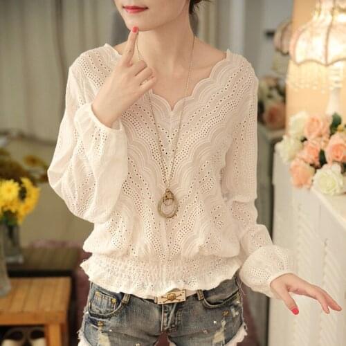 Korean Women Casual Lace Crochet V-Neck Shirt Loose Lace Up Embroidery Hollowed Tops Female Office Workear Formal Lady Clothing