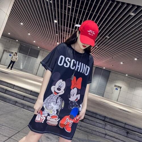Disney Cross Border womens T-shirt summer Mickey Mouse print loose medium length ice silk Casual Short Sleeve Top