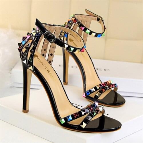 Womens Rome High Heels Rivets Studded Toe Sandals Ladies Sandals Stiletto Gladiator Color Pumps Stripper Summer Platform Shoes