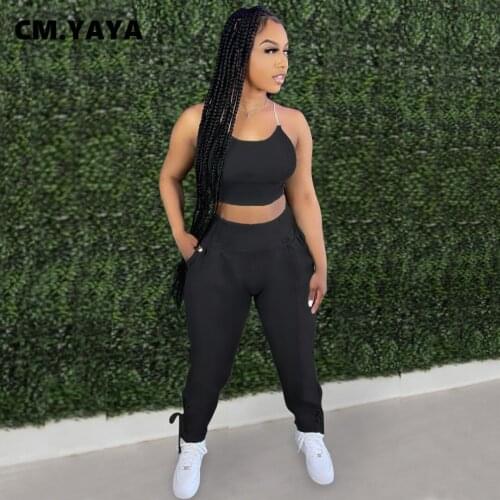 Lemon Gina Women Set Solid Sleeveless Strap Crop Tops Pencil Pants with Pockets Two 2 Piece Set Active Tracksuit Summer Outfits