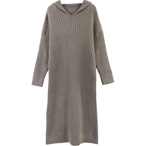 Women Sweater Knitted Dress Autumn and Winter New Mid-length Pullover Hooded Sweater Loose and Thick OuterWear