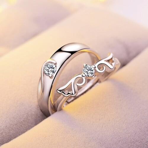New Fashion 925 Sterling Silver AAA Zircon Wing Lovers Set Rings Resizable Rhinestone Fine Ring Women&Men Jewelry Gift Wholesale