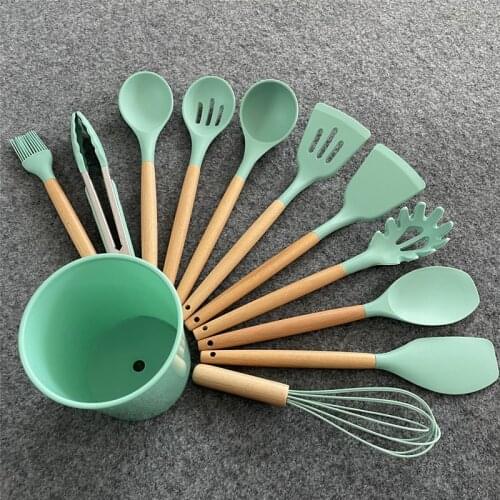 12PCS Silicone Kitchenware Cooking Utensils Set Non-stick Cookware Wooden Handle Nonstick Spatula Wood Storage Box Kitchen Tools
