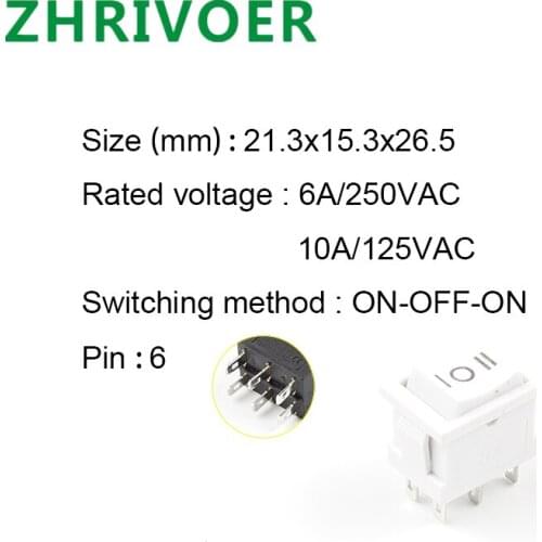 5PCS Power Switch Boat 6Pin 21X15mm DPDT Black White Push Button rocker Switch KCD2 ON-OFF-ON ON-ON 6A/250VAC 10A/125VAC