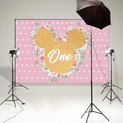 Pink flower Backdrop Cartoon girl 1st first Birthday Party decor Photographic Background Photo Studio candy table banner B-890