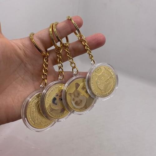 Free Shipping Beautiful WOW Gold Plated Dogecoin Keychain To The Moon SHIBA SHIB Coin Key Chain Cute Souvenir Collection Gifts