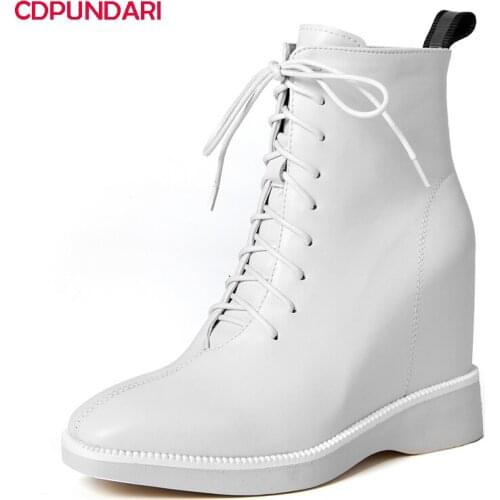 Black White Genuine Leather Wedges Ankle Boots Women Autumn Winter High Heels Platform Boots Shoes Bottes Plateforme Femme