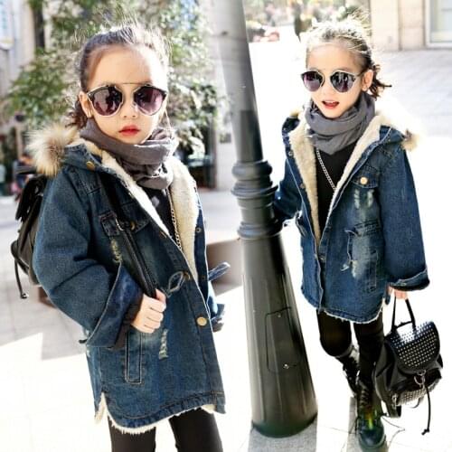 Hooded warm thick girls denim jacket 2020 winter autumn jacket Full Sleeve Kids Outwear & Coats Thicken Velvet Girls Outfits
