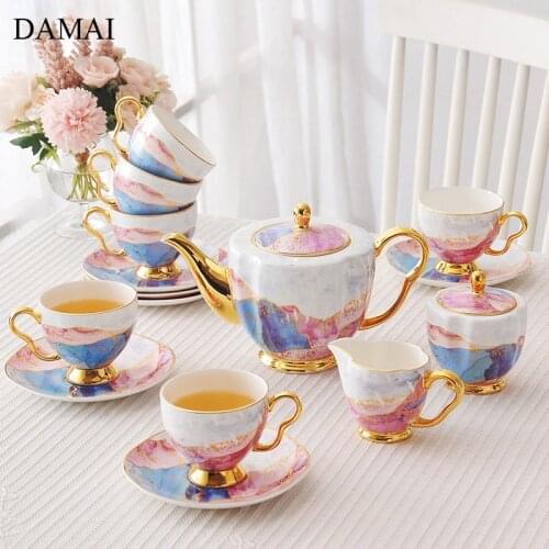 European Eleven Piece Coffee Set Handmade Painted Golden Stroke Afternoon Tea Fine Bone China Tea Sets Home Decoration Modern
