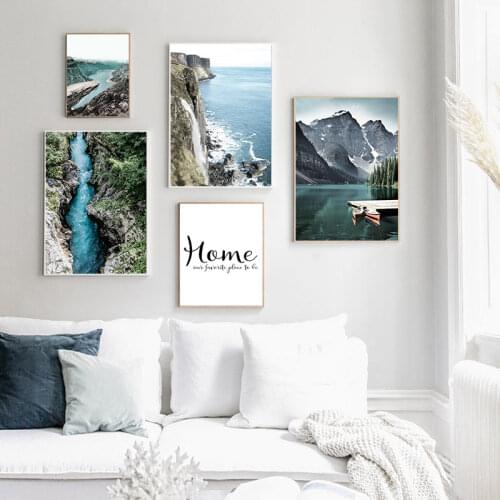 Mountain Lake Waterfall Picture Scandinavian Poster Nordic Style Print Nature Scenery Wall Art Canvas Painting Modern Room Decor