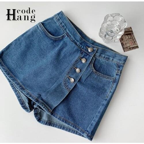 HangCode Skirts Shorts Women 2021 Summer Fashion 4 Buttons High Waist Blue Jeans Shorts Chic Korean Girl Denim Shorts Pants
