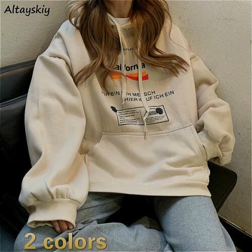 Hoodies Women Printed BF Oversize Casual Womens Sweatshirt Pullover Plus Velvet Warm Hooded School Big Pocket Harajuku Ulzzang