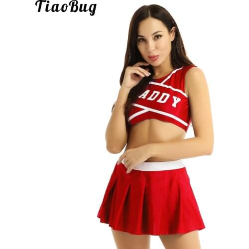 TiaoBug 2Pcs Women Adult Charming Cheerleader Cosplay Costume Round Neck Sleeveless Crop Top With Mini Pleated Skirt