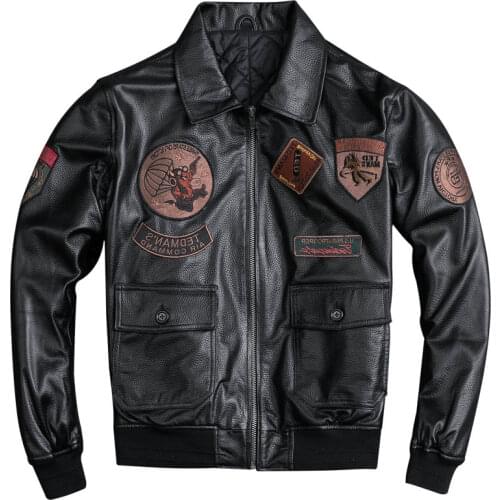 New Winter Man Leather Coat Airforce Military with Badge Cotton Padded 4xl Male Genuine Real Sheepskin Leather Jacket A081