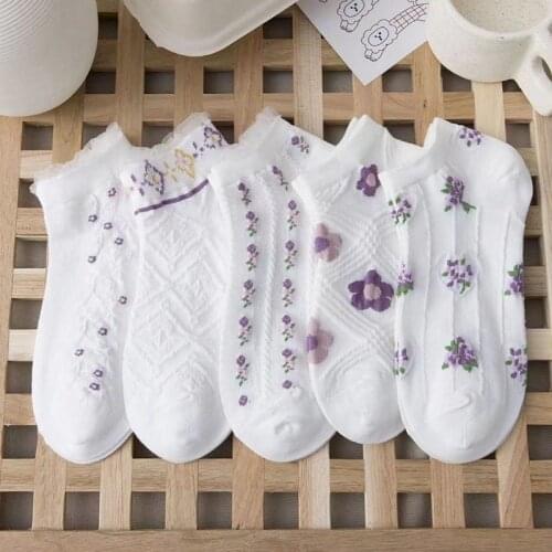 5 Pairs Set Flowers Socks Women Pack Ankle Harajuku Kawaii Cute Cotton Skarpetkie Damski Bohemia Style Floral Invisible Socks