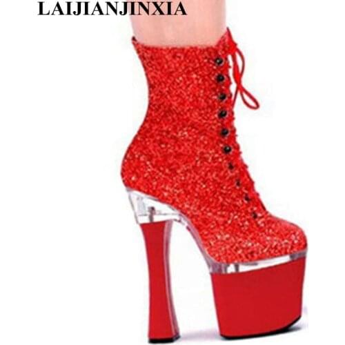 LAIJIANJINXIA New sexy women ankle boots high heel shoes winter fashion lace-up with platform pumps ladies boots big size 34- 46
