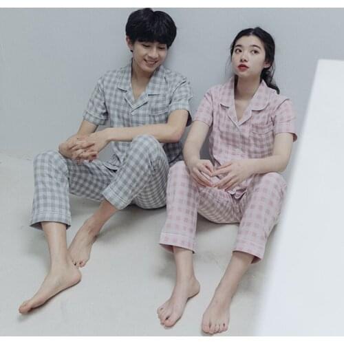 Lovers Pajamas Set Plaid 100% Cotton Sleepwear Casual Homewear Female Pyjamas Womens And Men Loose Soft Short Sleeve Plaid