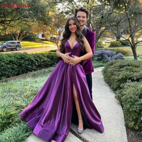 Purple Prom Dresses Elgant Satin Deep V Neck A Line Spaghetti Strap Court Train Evening Gowns Formal Party Sleelvess