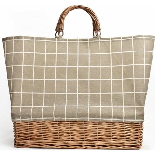Straw plaid canvas splicing bag rattan portable canvas bag weaving lattice stripe handbag