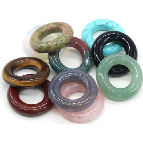 Natural Stone Crystal Agates Big Hole Bead Tiger Eye Opal Circle Donut Charms Pendant for DIY Earring Necklace Jewelry Making