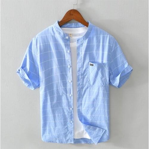 100% Cotton summer new style short sleeve plaid shirt men brand stand collar sky blue shirts for men casual comfortable shirt