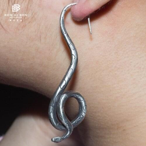 BEM HI BEN Mens Womens Earrings python snake 925 sterling silver simple Original Hand made darkness customized engraving