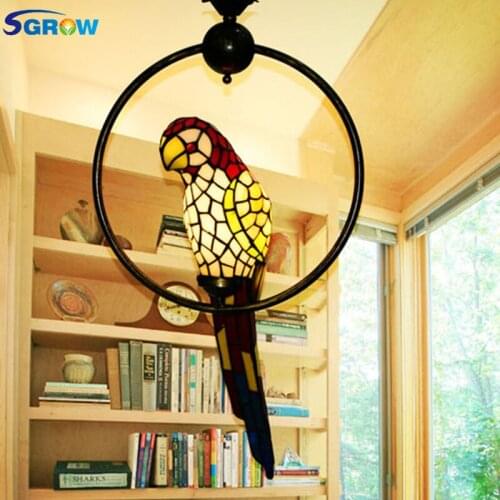 SGROW Tiffany Led Lamp for Living Room Garden Aisle Kids Lampara Indoor Lighting Fixtures Glass Parrot Lampshade Pendant Lights