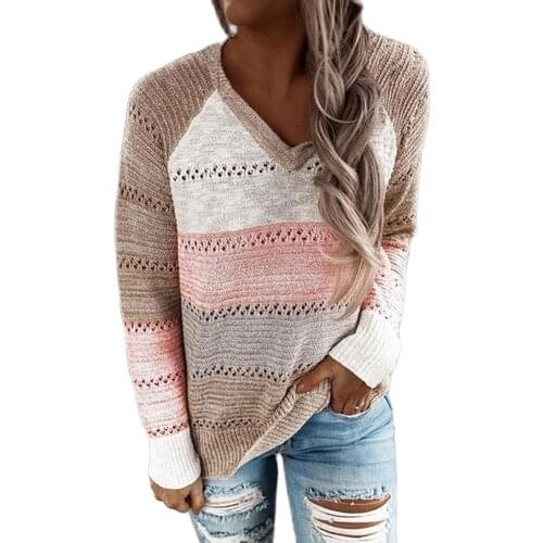 Oversize Knit Sweater Women Autumn V Neck Pullover Strip Color-matching Hollow Long Sleeves Sweater свитера женские 2020
