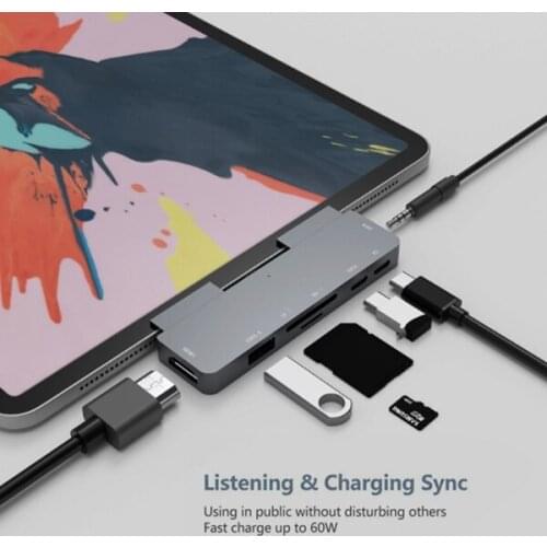 USB C Hub for iPad Pro 2018 Type-C to 4K HDMI Adapter SD/TF Card Reader 3.5mm Headphone Jack PD Charging for Pro
