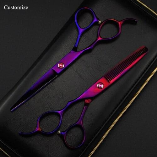 Customize logo Japan 440c Left hand 6 inch purple cut hair scissors cutting barber haircut thinning shears Hairdresser scissors