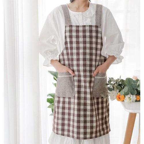 Japanese Cotton and Linen Strap Denim Plaid Apron Kitchen Hand Wipe with Pocket Plaid