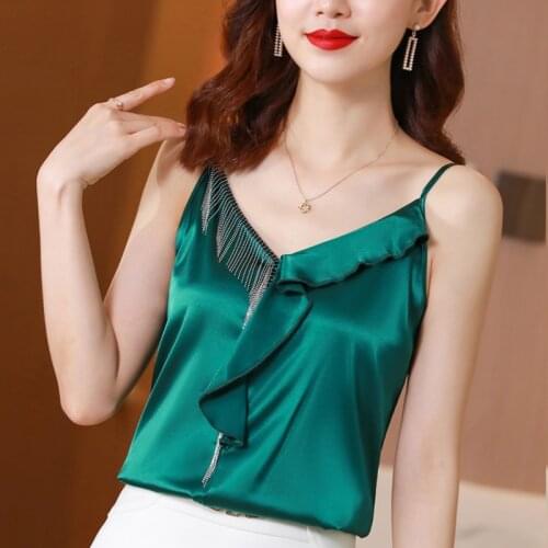 Ruffles Satin Camisole Women Fashion V-neck Tassel Chain Patchwork Tanks Tops Lady Sleeveless Irregular T Shirts