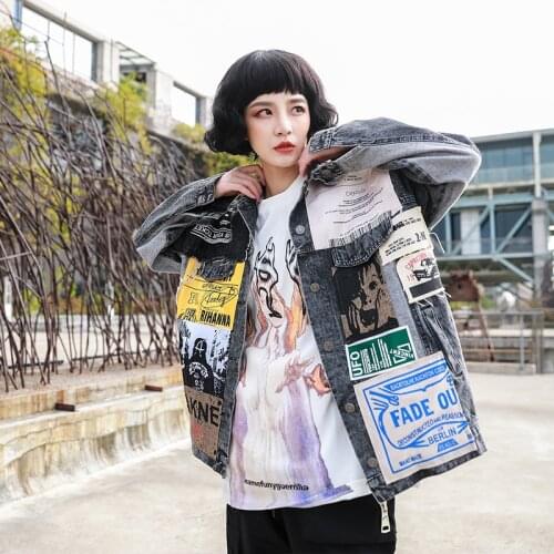 Autumn Fashion Women Black Denim Coat Loose And Thin Letter Printing 2021 New Trend Stitching Jacket LL99