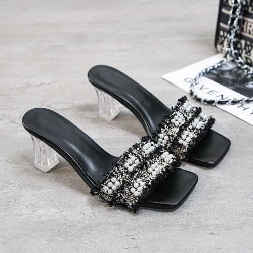 Women New Summer Square Toe Sandals String Bead Transparent High Heels Luxury Party Female Plus Size 44 Womens Heeled Sandals