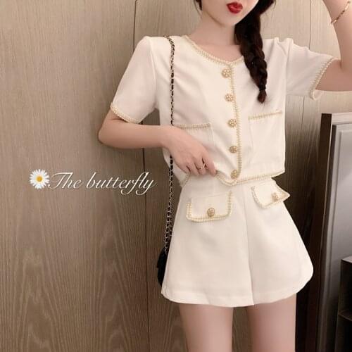 Women Summer Sets Top Single-Breasted Short Sleeve Shirt Coat +High Waist Shorts Sequined Tshirt and Denim Shorts Two Piece Set