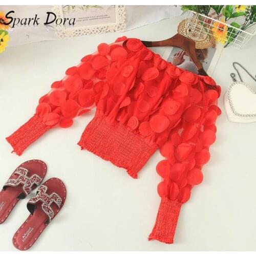 Womens Tops And Blouses New Sexy Dimensional Flower Slash Neck Lantern Sleeve Waisted Perspective Short Streetwear Ladies Top